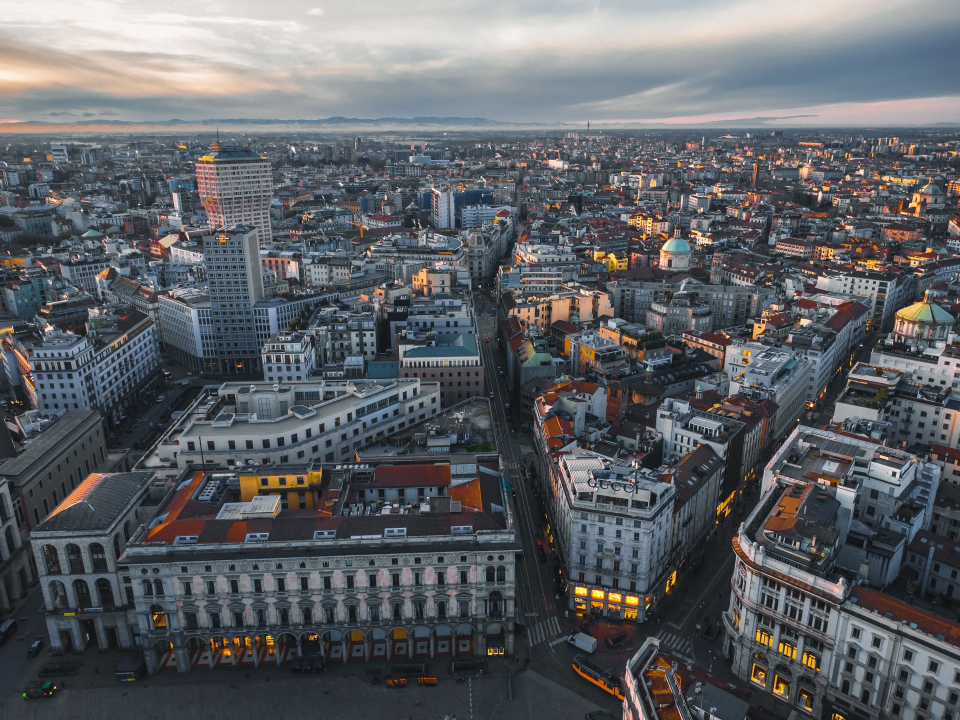 Milan Historic Center Drone Photo at Sunset